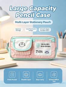 Multi‑Layer Large‑Capacity Pencil Case, Portable Zipper Pen Pouch With Front Small Pocket, Lightweight Cosmetic Makeup Storage Bag, Daily Multi‑Purpose Travel Storage Pouch, Durable Fabric Handheld Pen Bag For Office, College, Gifts - Kitten Pencil Case - View 9