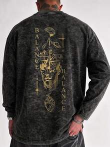 Men's Spring/Autumn Fashion Versatile Guide Heart & Brain English Print Crew Neck Faux Washed Long Sleeve T-Shirt - Black - View 1
