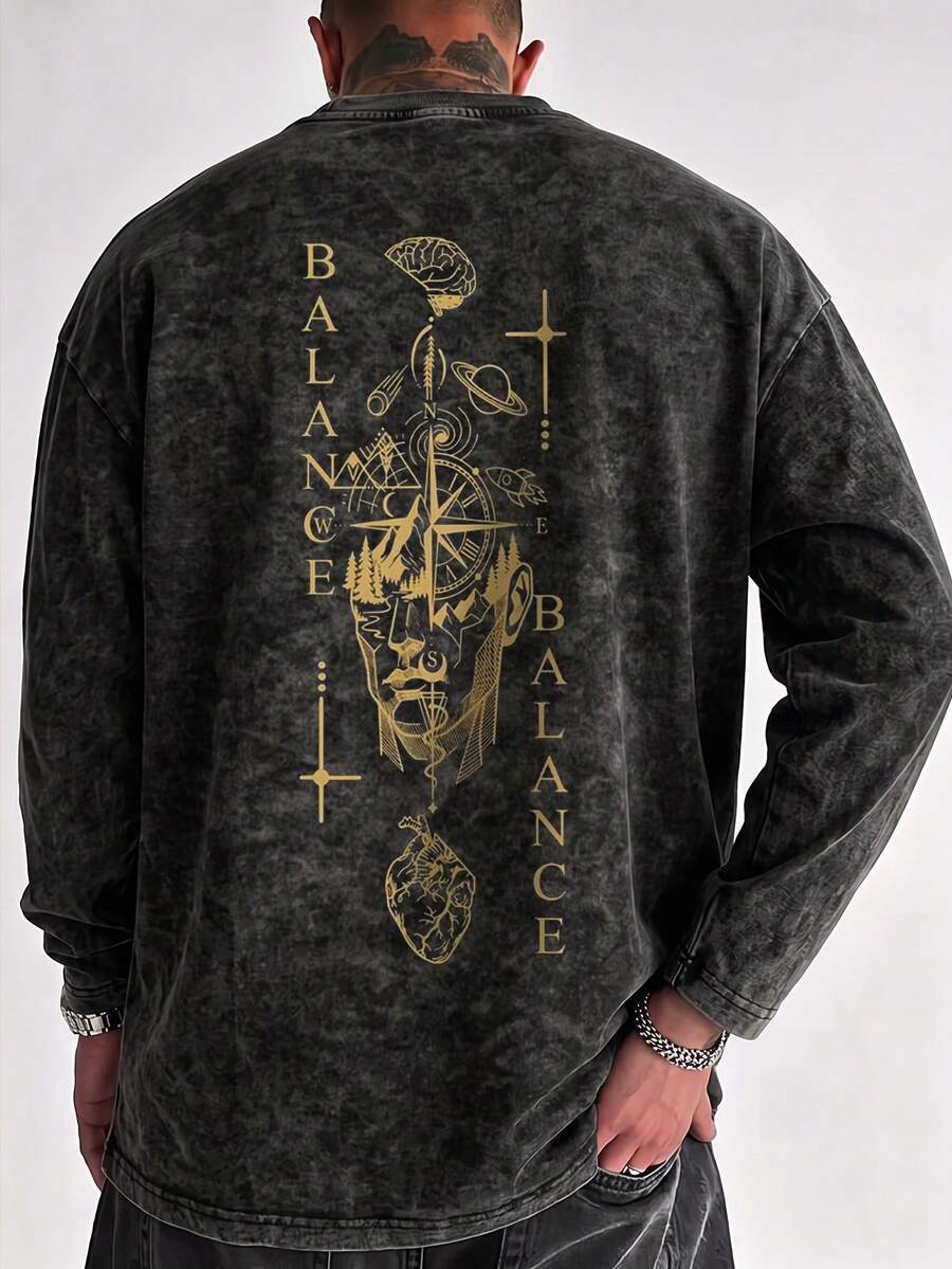 Men's Spring/Autumn Fashion Versatile Guide Heart & Brain English Print Crew Neck Faux Washed Long Sleeve T-Shirt - Black - View 1