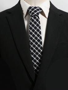 1pc Navy Blue & Beige Diagonal Plaid Hand-Tied Necktie, Preppy Casual Commuter Style For Men & Women, Suit & Shirt Accessory - Multicolor - View 3