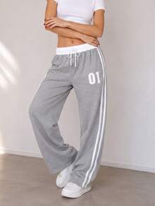 Women's Casual Contrast Color Belt, Digital Print Design, Side Stripe, Straight Leg Pants, Suitable For All Seasons, Can Be Used As Gift, Holiday Wear. 1pc - Grey - View 4