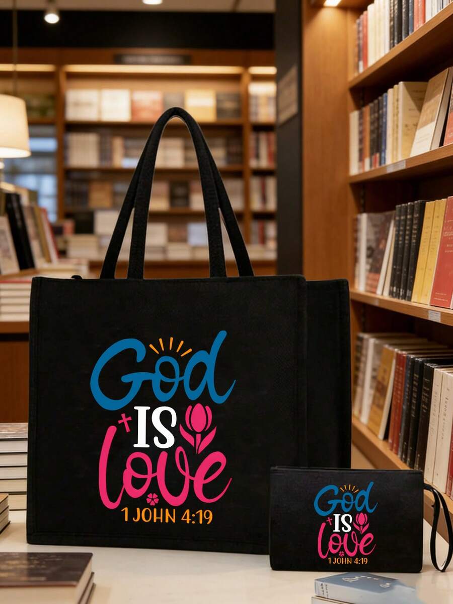 「God Is Love」主題印花女款托特包套組，基督教宗教帆布包附拉鍊，大容量沙灘包與化妝包，時尚單肩包手提包，適合旅行、購物與日常使用，適合基督徒、信仰愛好者與宗教女性，理想的節日禮物與生日禮物
