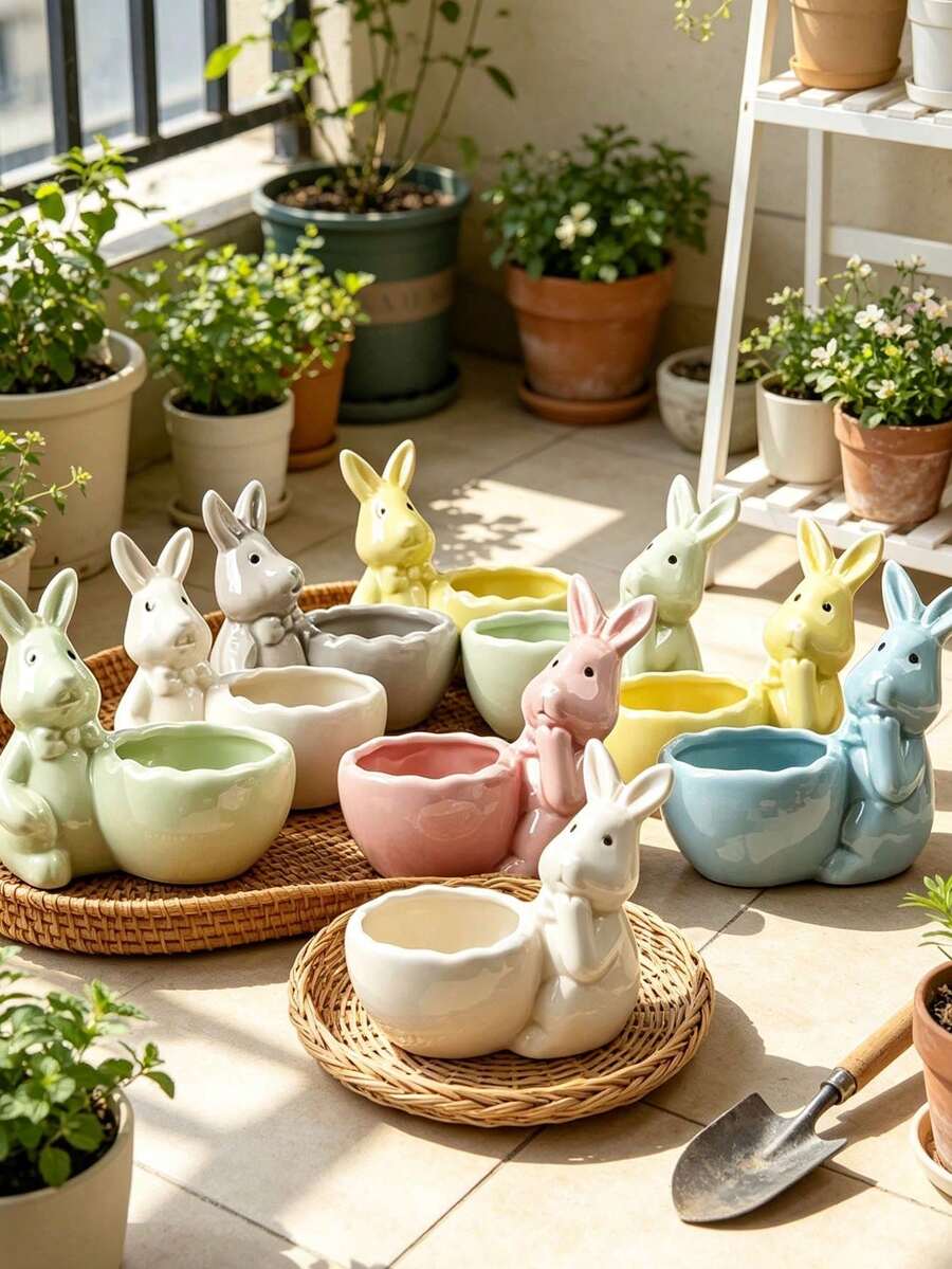 Cute Rabbit Shaped Ceramic Planter, Large Diameter Round Opening Design, Suitable For Planting Succulents. Adorable And Charming Style, Can Be Used As A Flower Pot Or Desktop Decoration, Perfect For Home Desk, Windowsill, Adding Vitality To Your Living Space. - A - View 1