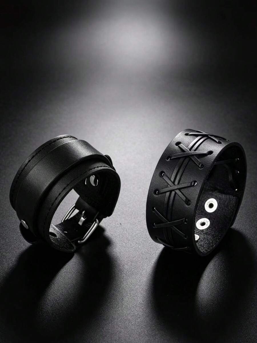 2pcs Black Motorcycle Style Fashion Punk Bracelet, Suitable For Men's Daily Riding Outdoor Fashion Wear, Exquisite Bracelet Set For Men - Black - View 1