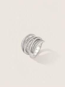 Valisandre 1pc Luxurious High-End Wide-Band Stacked Birthstone & Cubic Zirconia Inlay Ring - Silver - View 7