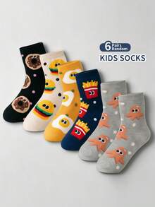 6 Pairs Random Assorted Colors Kids Socks, Cute Cartoon Hamburger & Fries Pattern, Boys Girls Toddler Kids Versatile Mid-Calf Socks - Multicolor - View 1