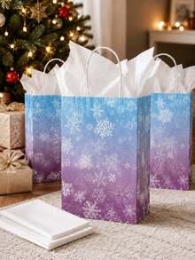 10/5/1pc Winter Snowflake Gift Paper Bag With Tissue Paper, Blue-Purple Gradient Snowflake Pattern With Handle Party Favor Bag, Reusable Holiday Gift Bag, Suitable For Christmas, Birthday, Wedding Party Supplies - Multicolor - View 5
