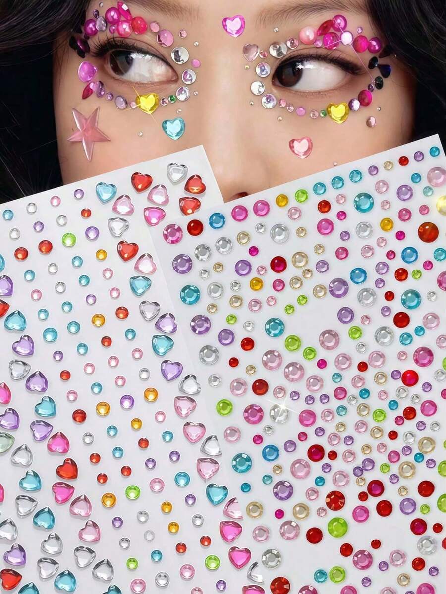 Approx. 480pcs 3D Summer Rainbow Color Glitter Gem Stickers, 2pcs Y2K Acrylic Glossy Heart Self-Adhesive Rhinestone Stickers, Suitable For Makeup And Clothing, Multi-Color Diamond Face Gems, Perfect For Festivals, Parties And Events - Multicolor - View 1