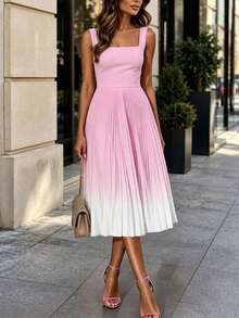 Solid Color Casual Elegant Sleeveless Zipper Ombre Pleated Dress, Suitable For Evening Party Pink Summer - Pink - View 3