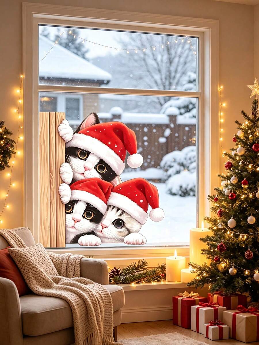 Cute Christmas Cat Window Stickers, Removable PVC Adhesive-Free Static Cling Film, Perfect For Winter Holiday Window Decorations, Home Decor, And Suitable For Living Rooms, Bedrooms, Doors, Shop Windows, And Christmas Party Decorations. - A - View 1