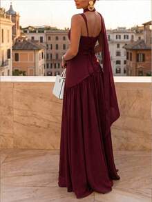 Women's Solid Color Square Neck Back Tie Scarf Ribbon A-Line Sexy Vacation Wedding Party Plus Size Dress - Burgundy - View 3