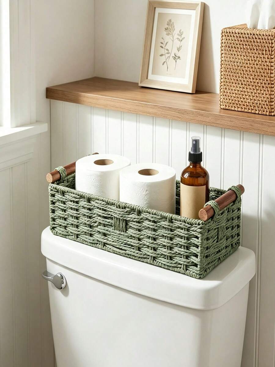 Forest Style Paper Rope Woven Solid Wood Handle Storage Basket, Bathroom Toilet Countertop Care Storage Box, Desktop Soft Decor Tray, Shelf Storage Basket, Multi-Functional Storage Basket, Suitable For Bathroom, Living Room, Bedroom And Office - Multicolor - View 1