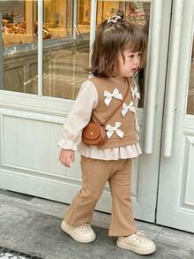 2pcs Baby Girl Cute White Bow Decor Striped Long Sleeve Top & Casual Flare Pants Set, Thin Spring/Autumn - Apricot - View 2