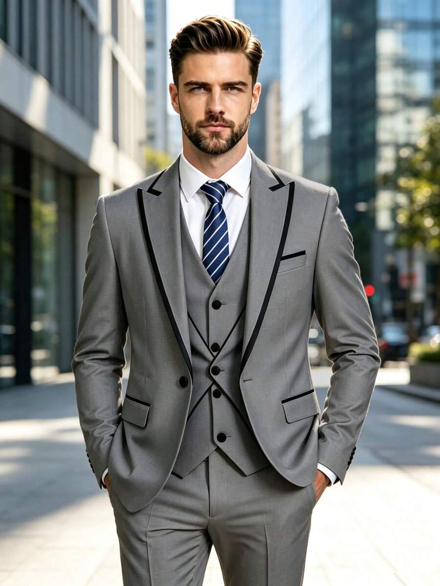 Men's Fashion British Tailored Business Suit Slim Fit American Cut Color-Block Texture Groom Wedding Tuxedo Luxury Suit Jacket - Grey - View 1