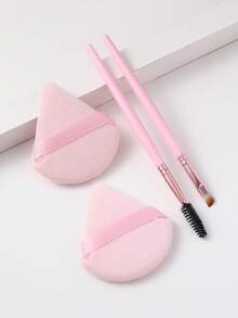 4 Pcs Complete Cosmetic Set, 2 Pcs Professional Pink Eyebrow Brushes Plus 2 Pcs Triangle Velvet Powder Puffs, Even Powder Pickup For Precise Brow Definition And Soft Setting Makeup Finish - Multicolor - View 2