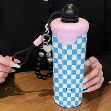 1PC 600ML Creative Checkered, Simple Checkered, English Check Pattern Stainless Steel Insulated Cup, Dual-Drink Coffee Cup, Portable Straw Cup, Stylish Lanyard Insulated Cup, Suitable For Office, Home, Gift Recommendations, Coffee/Milk/Tea - Multicolor - View 8