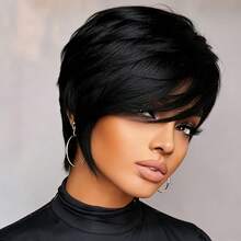 Wig Potongan Pixie Pendek, Rambut Manusia Perawan Brasil, Wig Potongan Pixie Berlapis Belahan Samping Panjang untuk Wanita, 6 Inci, Kepadatan 150%, Buatan Mesin Sepenuhnya, Tanpa Renda, Cocok untuk Pemakaian Sehari-hari, Pesta dan Cosplay, Warna 1B# - S1 - View 5