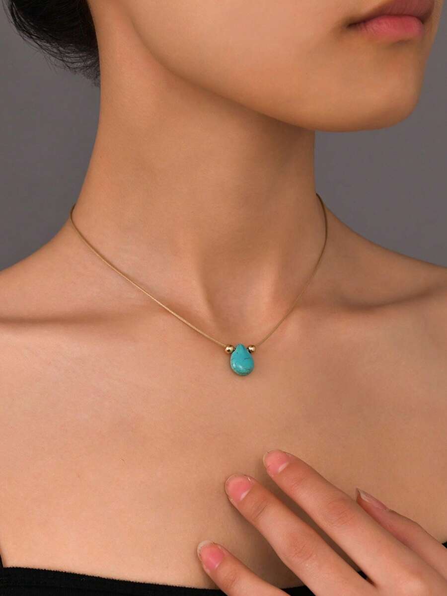 1pc Bohemian Style Teardrop Turquoise Pendant Necklace, Women's Beach Vacation Photo Accessory - Gold - View 1