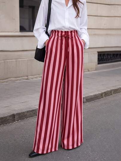 Women's Casual Striped Loose Long Pants, Lightweight Comfortable Elegant Bohemian Style Trousers Red
