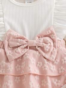 Autumn/Winter Baby Girl Cute White Flutter Sleeve Patchwork Pink Double Layer Ruffle Romper & Bow Socks & Bow Headband Holiday Gift Stylish Outfit - White - View 10