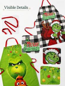 The Grinch The Christmas Kitchen Aprons, Festive Character Print Bib Apron Set With Plaid Designs For Holiday Cooking, Baking And Christmas Party - Multicolor - View 3