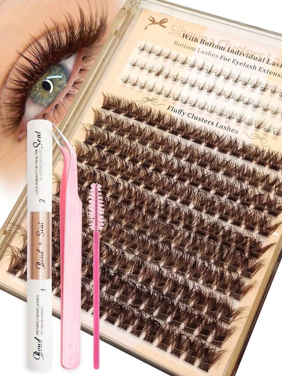 Sibeuna 2-In-1 Brown Eyelash Cluster Set, 100D/150D Soft Fluffy Individual Lashes & Lower Lashes, Includes Bond&Seal Glue, Tweezers, DIY Makeup, 190/220pcs Natural Voluminous Eyelash Extension Set, Longer Lasting Curly Charming Individual False Eyelash Set - Multicolor - View 1