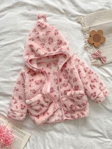 Baby Girls Winter Jacket INS Style Pink Leopard Print Double Layer Fleece Zipper Jacket With Dual Pocket Design - Pink - View 1