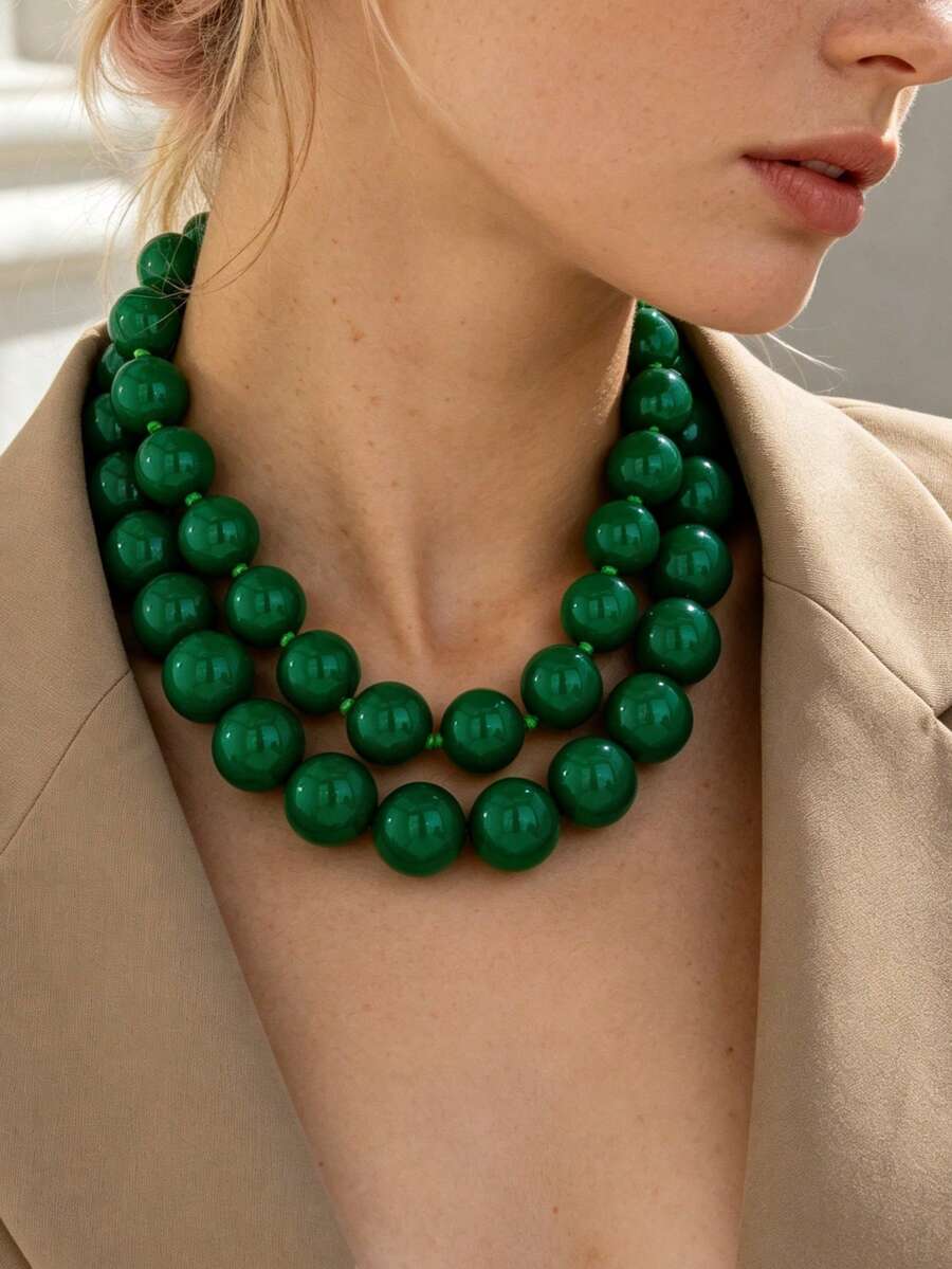 OABE 2pcs/Set Bohemian Style Casual Wear Accessories Green Round Bead Layered Necklace Set, Suitable For Women's Daily Wear, Holiday/Anniversary Surprise Gift - Green - View 1