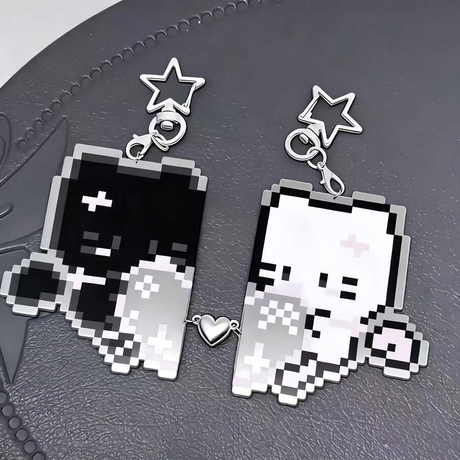 1pc Black & White Kitten Heart Acrylic Couple Keychain Cute Pendant Cartoon Best Friend - Multicolor - View 1