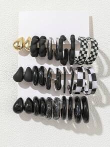 15 Pairs Autumn New Black Set Water Drop Checkerboard Letter C Exquisite Minimalist Elegant High-End Old Money Style Y2K Acrylic Earrings Ear Hoops For Women Christmas Halloween New Year Daily Party Wear Eye-Catching Versatile Combination Fashion Jewelry Accessories - Multicolor - View 3