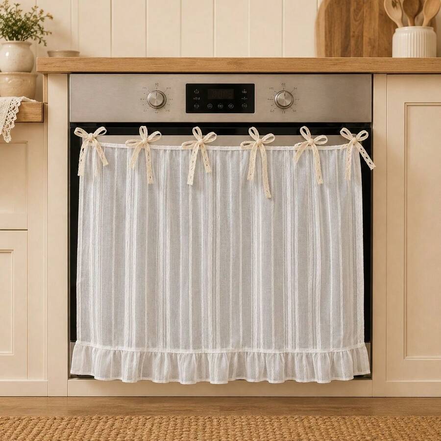 1PC No-Drill Beige Sheer Curtain, Translucent But Not Transparent, Half Curtain For Window, Rod Pocket With Bowknot Strap, Door Curtain, Dust-Proof, Room Divider, Privacy Shield, Kitchen Oven Oil Splash Guard, Decorative - Beige - View 1