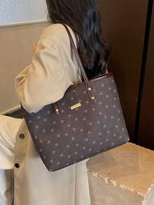 新款時尚休閒愛心印花女款托特包：百搭大容量單肩包、大學生後背包、通勤手提包 - 咖啡棕 - 查看 5
