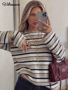 VIBEWAVE Color Block Striped Crew Neck Knit Pullover, Pink White Wine Red, Drop Shoulder Wide Sleeve, Relax Casual Sweater - Apricot - View 1