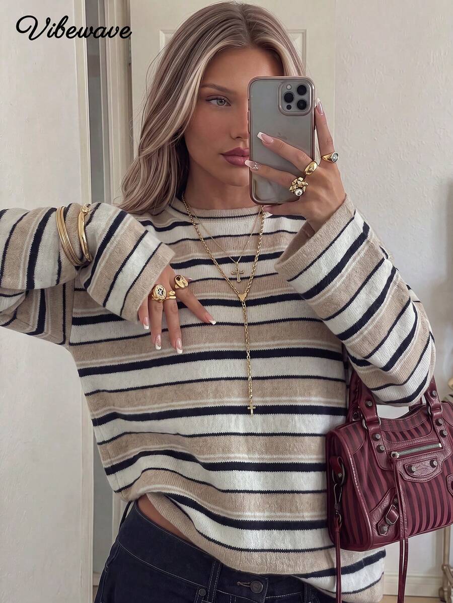 VIBEWAVE Color Block Striped Crew Neck Knit Pullover, Pink White Wine Red, Drop Shoulder Wide Sleeve, Relax Casual Sweater - Apricot - View 1