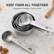 9-Piece Stainless Steel Measuring Cups And Spoons Set, Includes 5 Measuring Cups And 4 Measuring Spoons, Suitable For Baking, Flour, Spices, Milk, Oil, Etc., Powder Spoon, Coffee Spoon, Tea Spoon, Easy To Clean, Suitable For Kitchen Cooking, Baking, DIY Projects, Kitchen Supplies, Travel, Coffee And Tea Making, Bartender Scale Accessories, Kitchen Tools, Stackable Storage, Meets Your Various Needs. - Multicolor - View 4