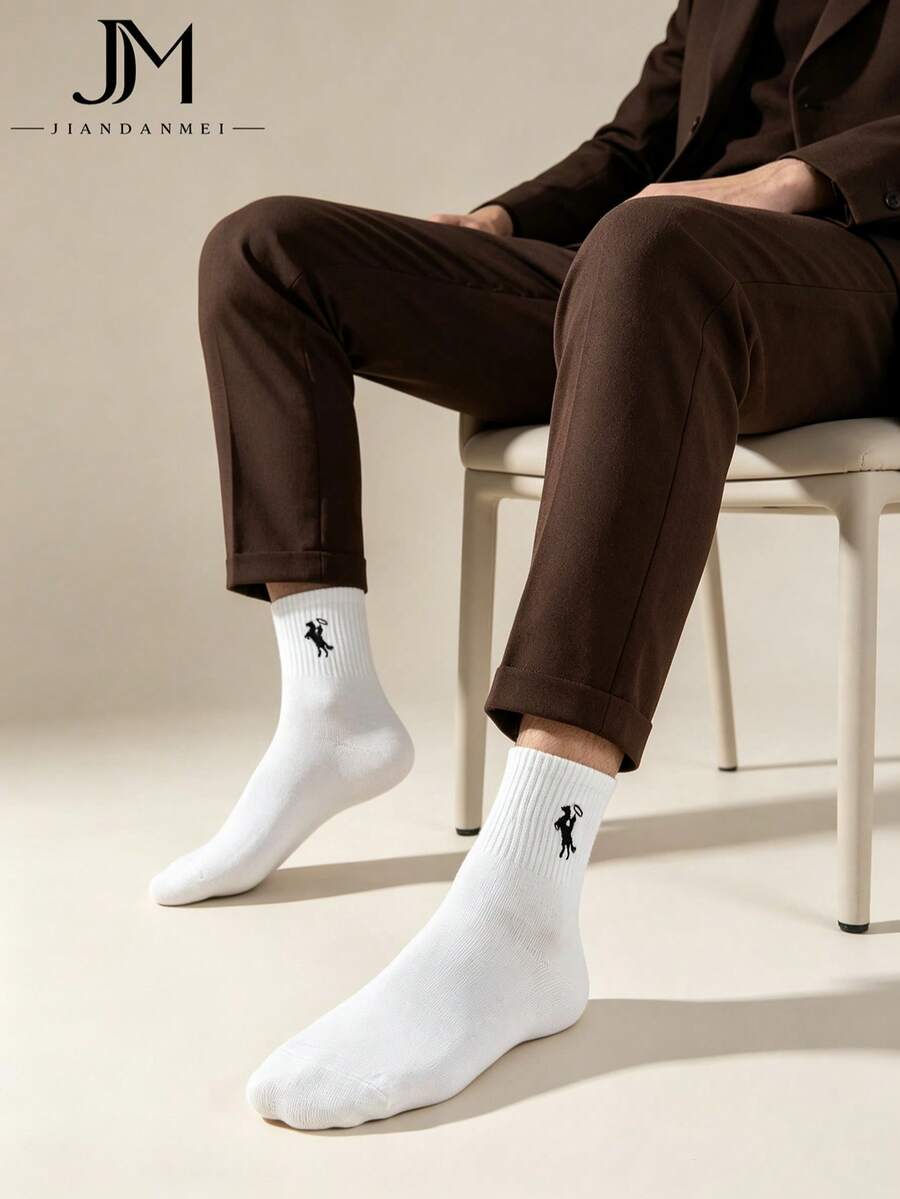 Men's White Base Black Horse Embroidery Ribbed Cuff Cotton Breathable Casual Sports Mid-Calf Socks For Daily Commute - Multicolor - View 1