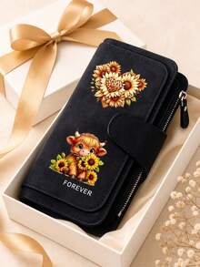 Printed Pu Wallet With Scottish Highland Bull Hug Sunflower And Leopard Print Heart-Shaped Floral Pattern, Can Be Used As A Wallet, Card Bag, Handbag, And Multifunctional Storage Bag. It's The Perfect Gift For Birthdays, Thanksgiving, And Christmas,Travel Essential - Multicolor - View 2