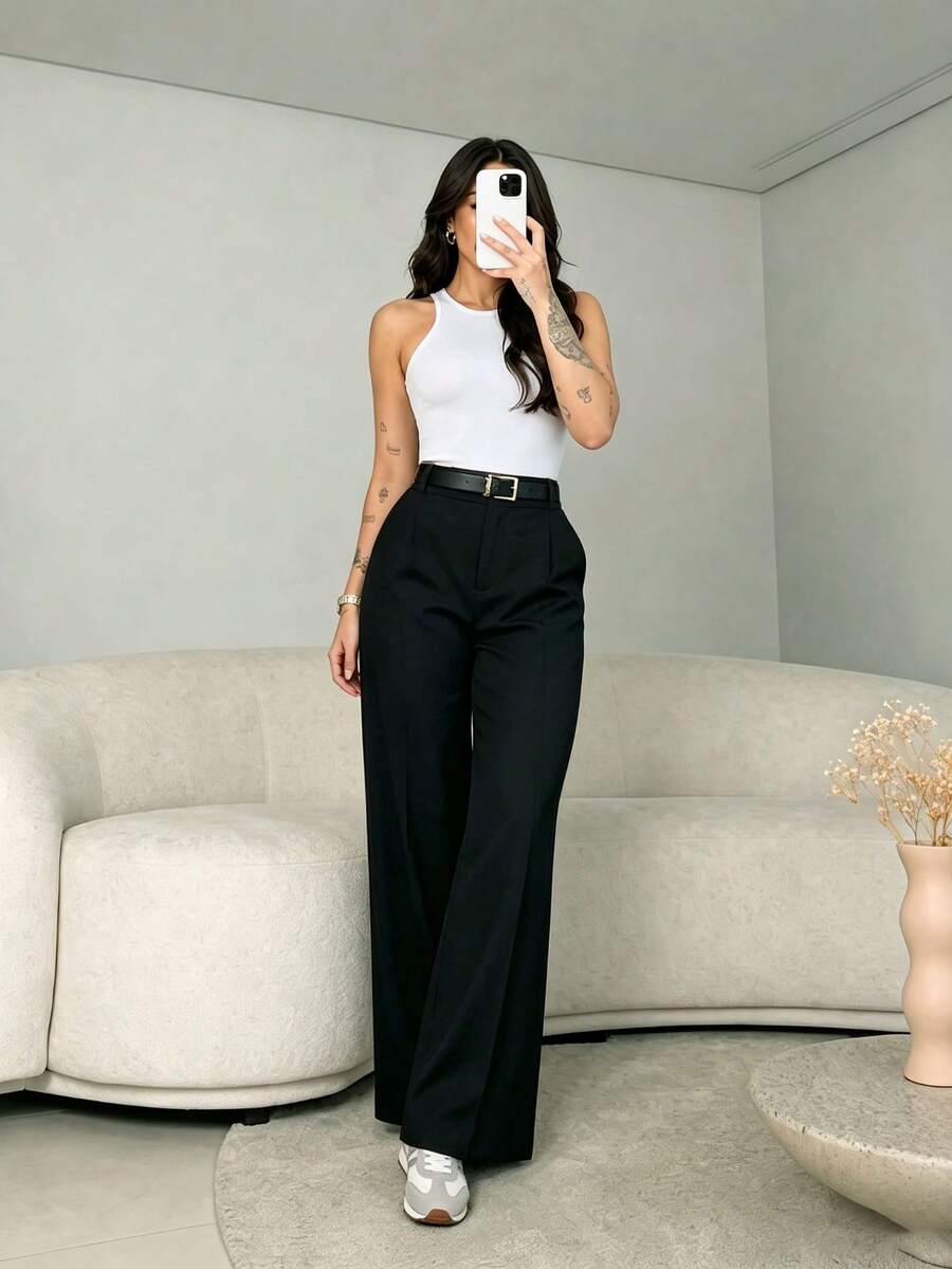 Women's High Waist Slim Fit Wide Leg Pants | Bohemian Street Style | Perfect For Autumn/Winter Casual, Office Commute And Vacation (Belt Not Included)