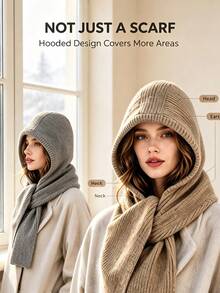 Hooded Knit Scarf, One‑Piece Hat Scarf Combo, Ribbed Knit Scarf With Hood, Winter Head And Neck Wrap Accessory, Multi‑Color Option For Cold Weather Daily Winter Outfit Matching - Multicolor - View 2