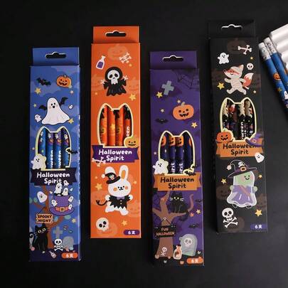 6 Buah Pensil Motif Kartun Halloween, Set Pensil Kayu Hantu Lucu untuk Anak-anak, Siswa, Perlengkapan Sekolah, dan Souvenir Pesta.