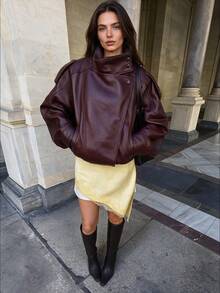 Autumn/Winter Solid Color Asymmetric Button Lapel Long Sleeve Loose PU Leather Jacket, Urban Street Style Fashion Outerwear - Burgundy - View 2