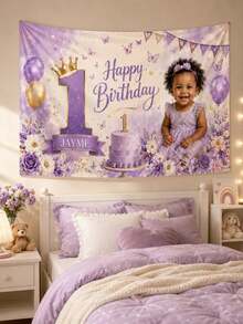 Personalized 1st Birthday Photo Tapestry, Custom Name & Age Purple Butterfly Floral Party Backdrop, 90g Smooth Polyester Wall Hanging, Suitable For Birthday Decoration, Dessert Table Background, Bedroom Nursery Decor, Multiple Sizes - Multicolor - View 3