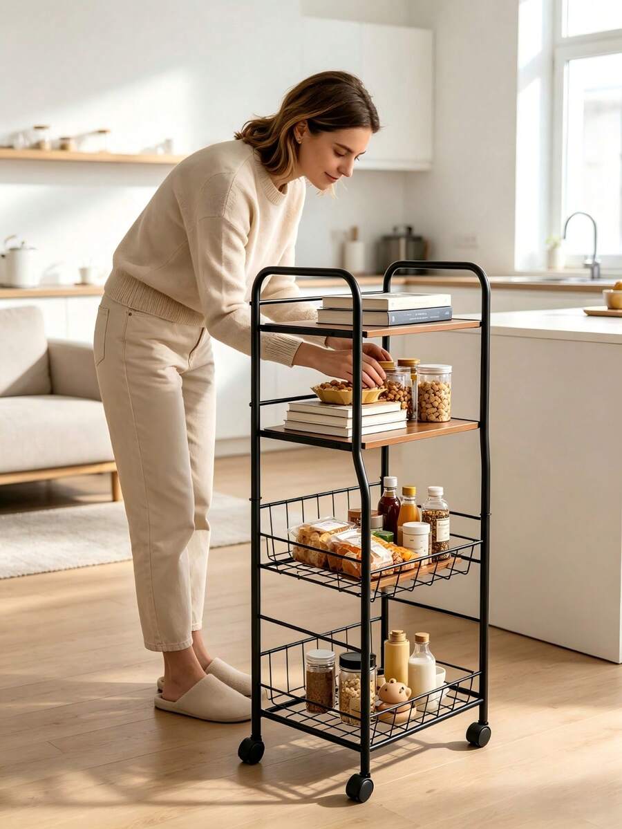 4‑Tier Movable Rolling Storage Cart, Metal Mesh Basket With Universal Wheels, Multi‑Scene Organizer For Kitchen Fruits & Vegetables, Living Room Sundries Storage - Random Color - View 1