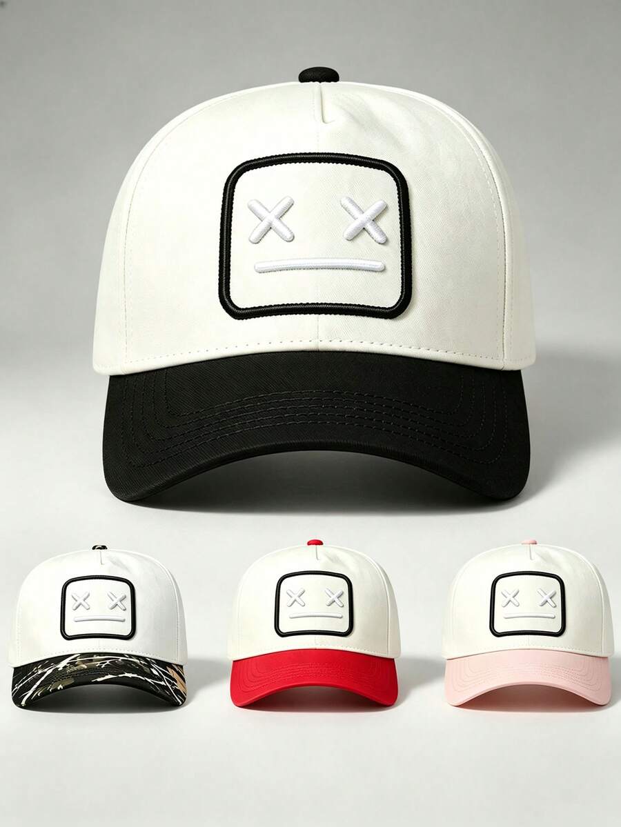 1pc Two-Tone Men Hat 'Square Patch Dead Face' Embroidered Hats For Men Adjustable Design Perfect For Parties, Travel, And Sun Protection - Multicolor - View 1