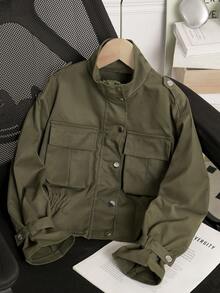 8-12 Years Tween Girl Spring/Autumn Fashion New Utility Style Pocket Design Small Stand Collar Long Sleeve Army Green Short Jacket Outerwear Top - Army Green - View 3