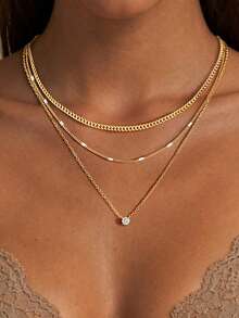 1pc Layered Gold Necklace Set For Women, 14K Gold Plated Sterling Silver CZ Circle Pendant With Stackable Cuban Chain Choker, Waterproof Gift - Multicolor - View 10