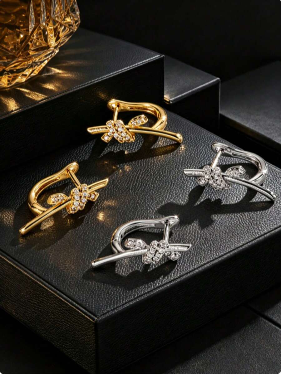 1pc Knot Twist Element Ear Cuff, Dual-Color Options, 3D Cross Design, Banquet & Commute Decorative Earrings Accessory For Women - Ear Clip - View 1