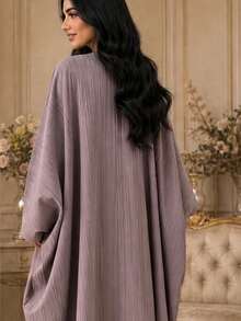 Vertical Ribbed Texture Pearl Cardigan Abaya, Batwing Wide Sleeve Loose Long Middle Eastern Robe Outerwear Single Piece - Dusty Pink - View 2