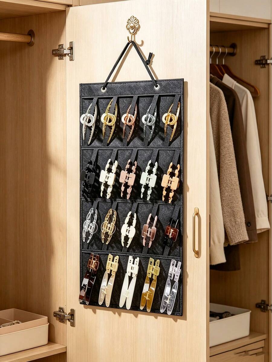Felt Hanging Hair Clip Storage Hanging Bag, Wall Mounted Storage Bag, Multi Pocket Large Capacity Design, Saves Vanity Desktop Space, Can Be Hung In Bedroom Or Closet, Simple And Practical, Perfect Organizer For Girls' Hair Accessories - Multicolor - View 1