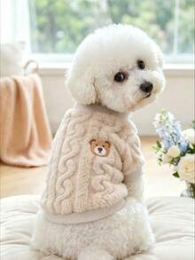 Autumn/Winter Jacquard Plush Cute Pet Cat/Dog Sweatshirt, Adorable Bear Embroidery, Ribbed Collar And Cuffs, Comfortable For Outings - Apricot - View 12